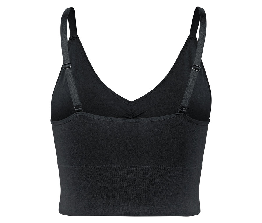 Közelkép egy fekete sportmelltartó hátuljáról, állítható pántokkal.