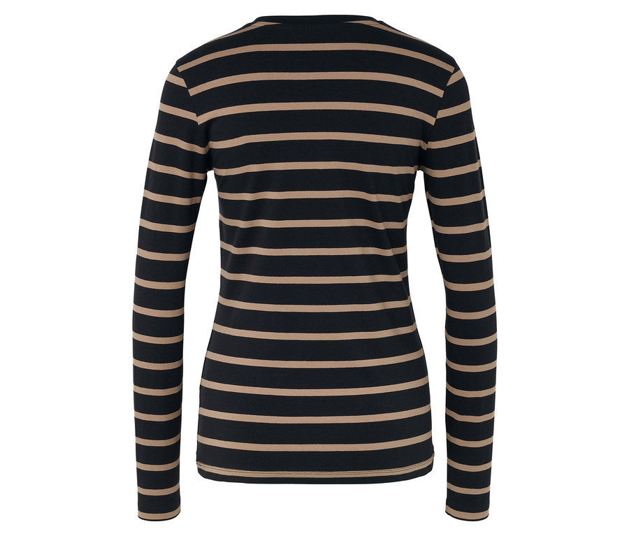Hátulnézet egy női hosszú ujjú pólóról, barna vízszintes csíkokkal fekete alapon.