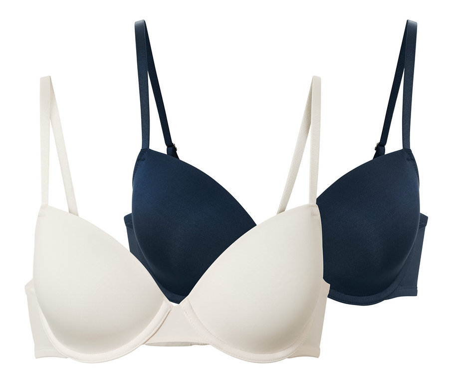 Két női kosaras melltartó, egy sötétkék és egy krém színben.