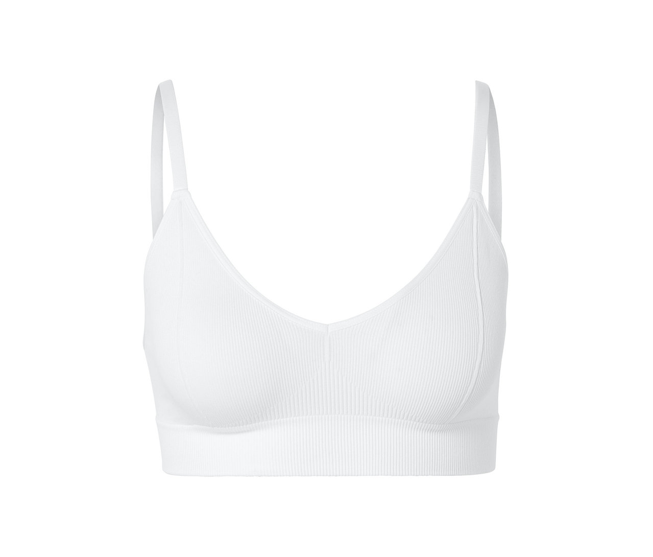 Fehér, varrásmentes, bordás szerkezetű bustier melltartó.