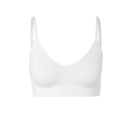 Fehér, varrásmentes, bordás szerkezetű bustier melltartó.
