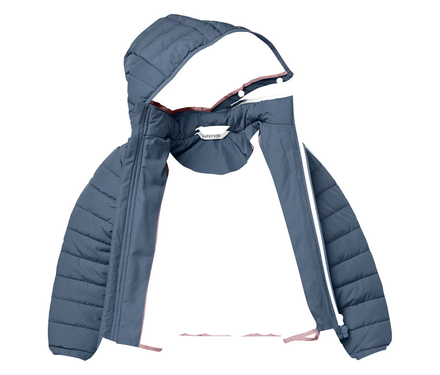 Nyitott, kék, steppelt dzseki kapucnival.