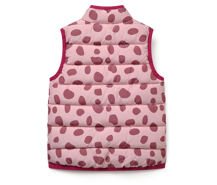 Rózsaszín, foltos, sötétvörös szegélyű mellény.