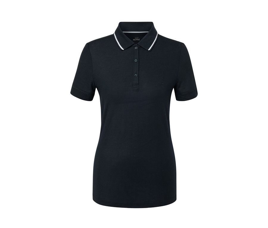 Sötétkék funkcionális pólóing fehér gallérral.