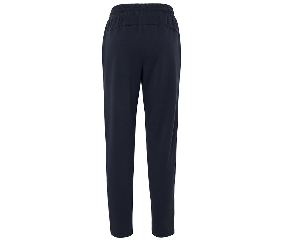 Sötétkék színű, gumis derekú szabadidőnadrág.