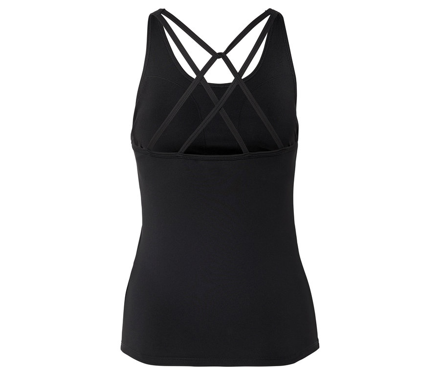 Fekete trikó keresztezett pántokkal a hátán.