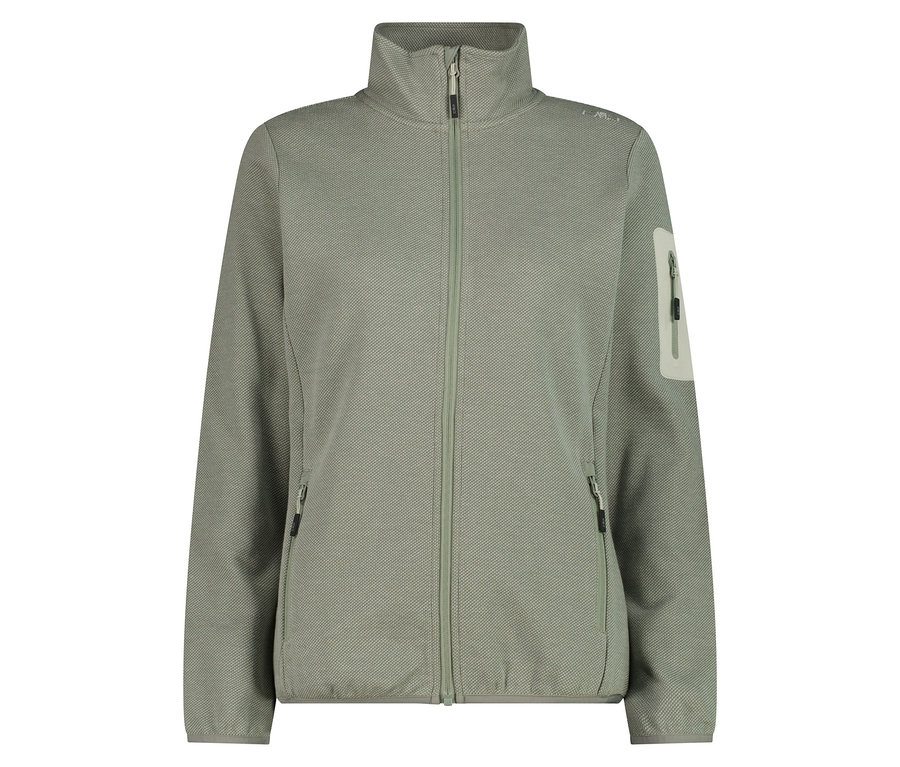 Egy világoszöld CMP polár pulóver cipzárral és oldalzsebekkel látható.