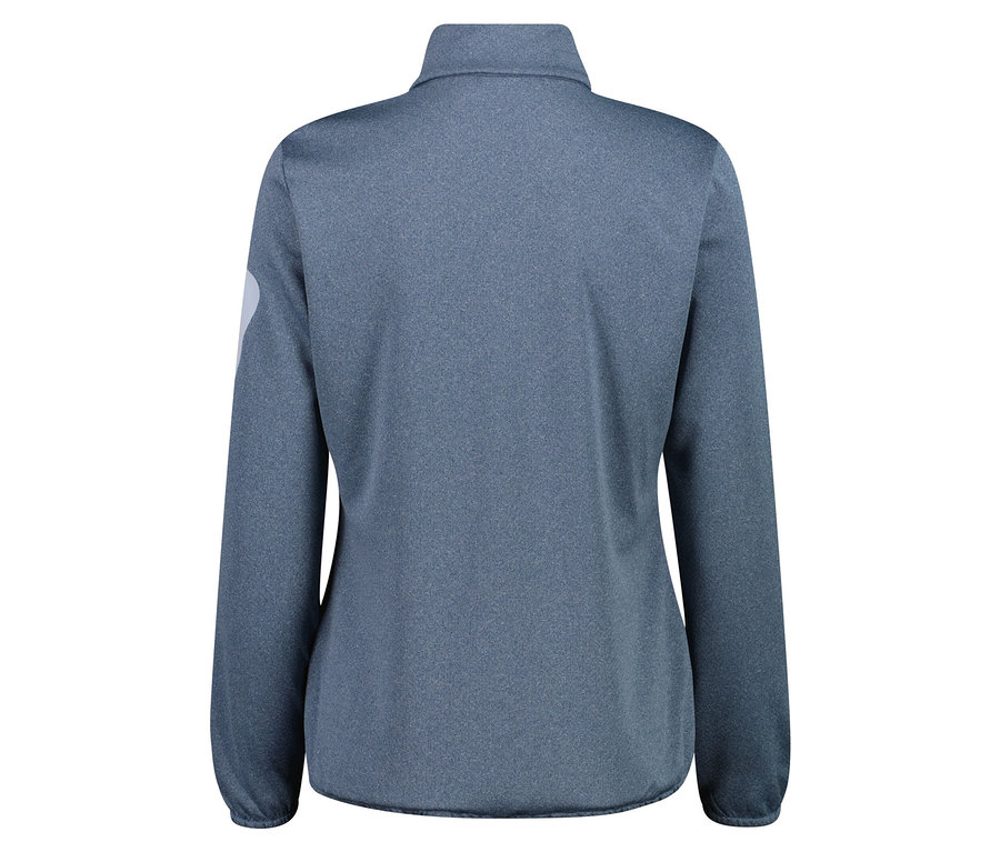 Hátulnézet egy kékesszürke, cipzáras polár pulóverről.