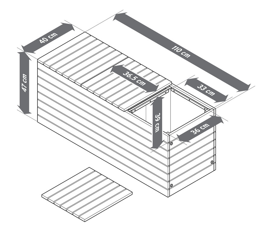 Felülnézet egy összeszerelt, téglalap alakú faültetőládáról, melynek méretei 110 cm hosszú, 40 cm széles és 47 cm magas.