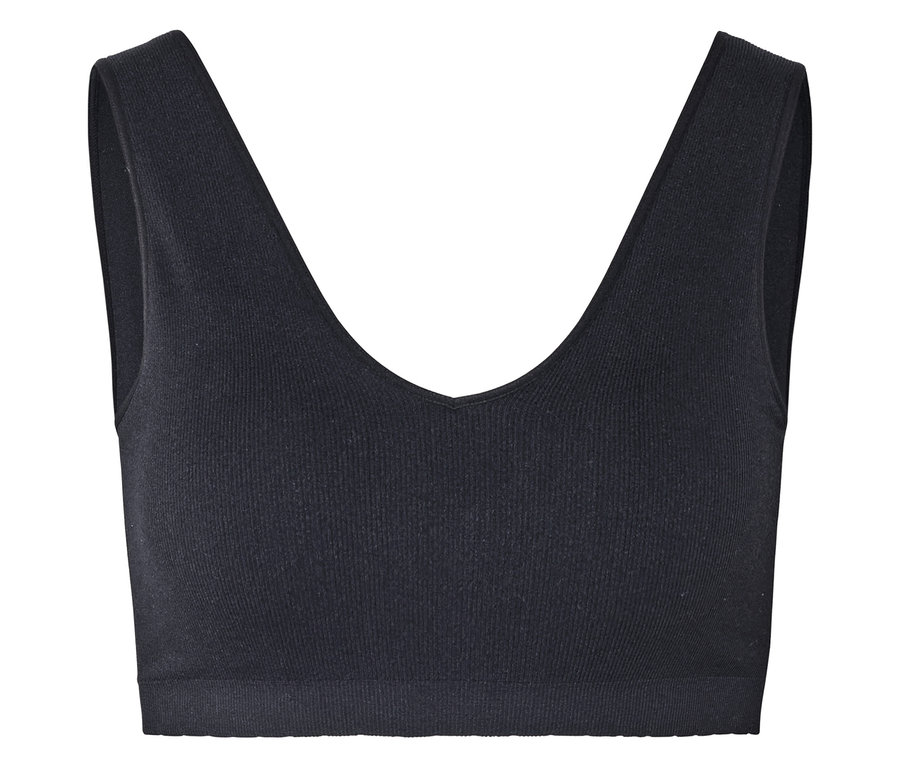 Fekete, bordázott bralette V-nyakkivágással és széles pántokkal.