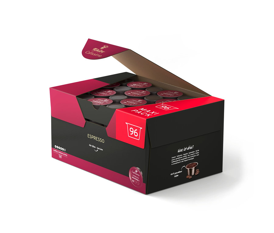 Nyitott fekete és magenta színű doboz 96 Tchibo Cafissimo Espresso kávékapszulával.