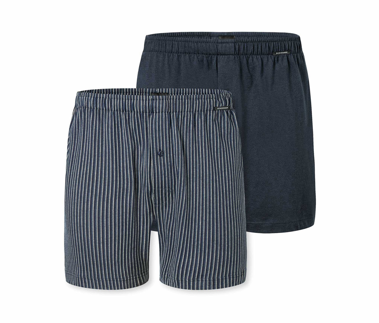 Két SCHIESSER jersey boxeralsó, egy kék csíkos és egy sötétkék.