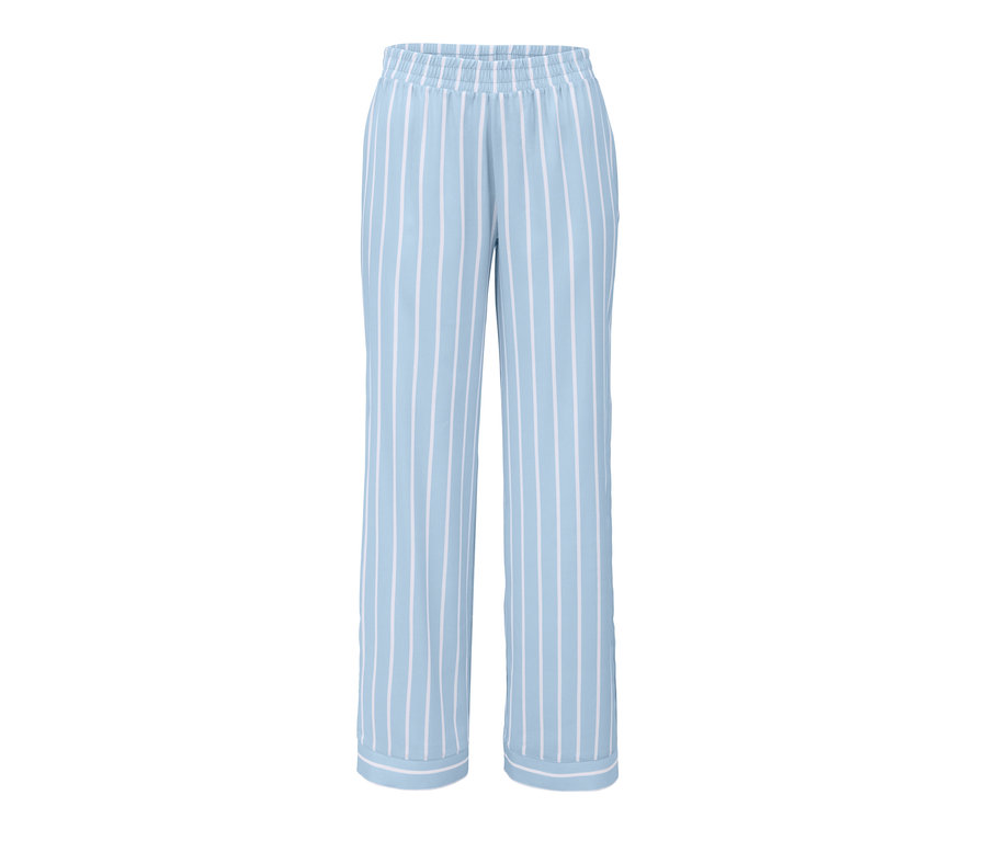 Kék-fehér csíkos női pizsama alsó.