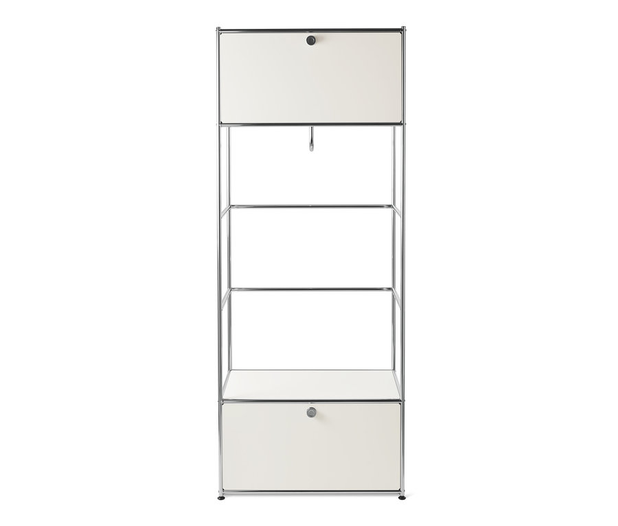 Fehér fém nyitott ruhásszekrény, 2 ajtóval és nyitott polcokkal.