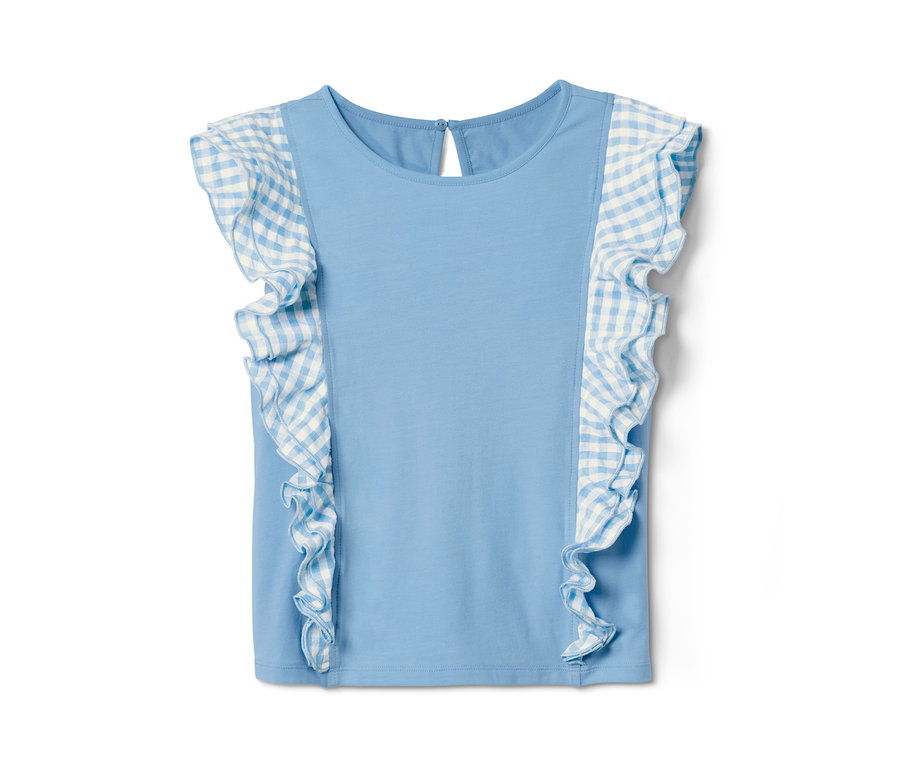 Kék, fodros, kockás ujjú kislány felső.