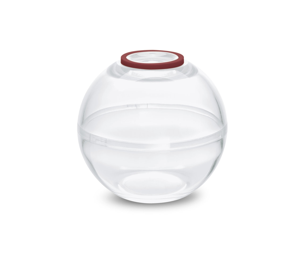 Közeli kép egy kerek, átlátszó élelmiszer tároló gömbről, barna peremmel.