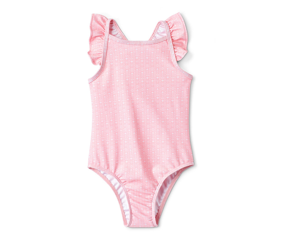 Rózsaszín, fodros ujjú kislány fürdőruha.