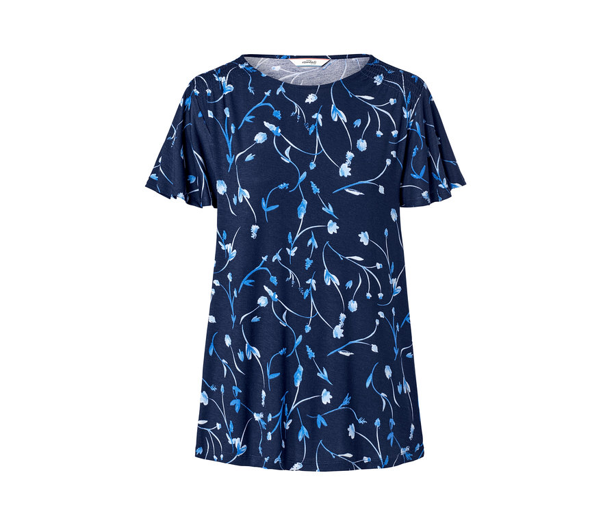 Sötétkék, virágos női pólóblúz denevérszárnyú ujjal.