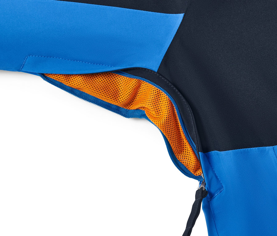 Kék síkabát részlete cipzárral és narancssárga béléssel.