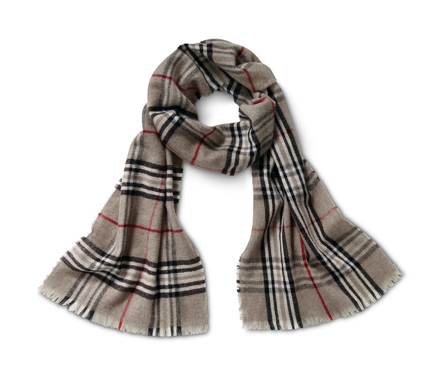 Bézs, fekete, fehér és piros kockás kasmír sál.