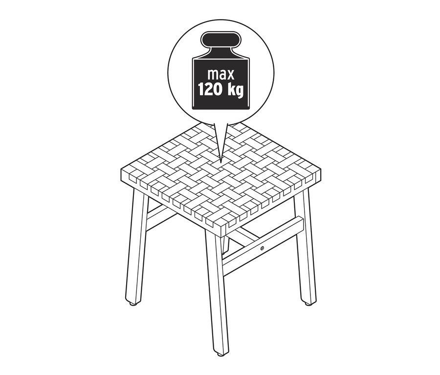 Egy fonott ülőke illusztrációja, maximum 120 kg terhelhetőséggel.