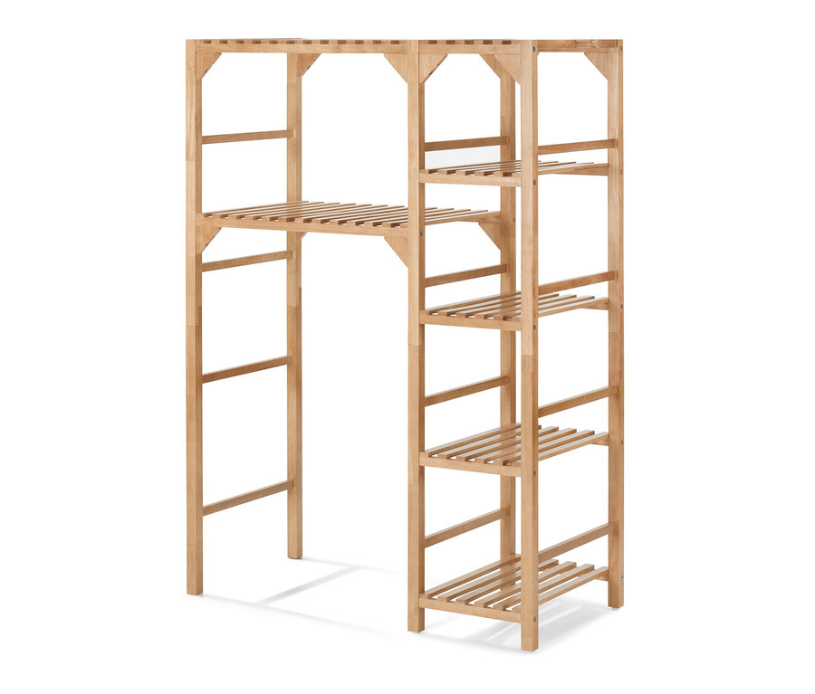 Fából készült mosógéppolc oldalsó elemmel és több polccal.