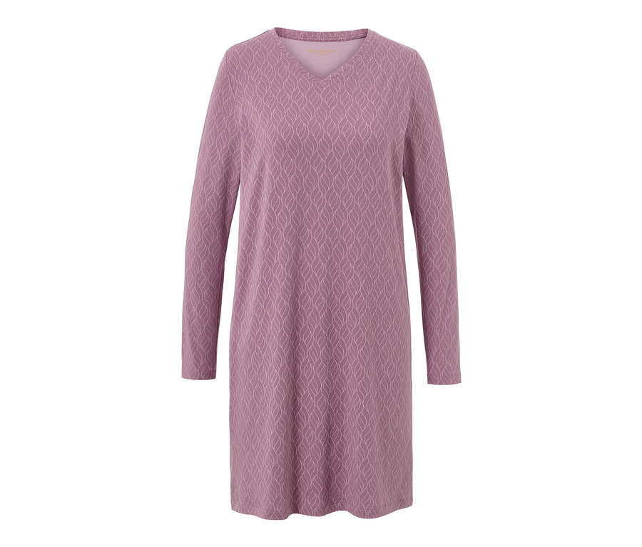 Mályva mintás női hálóing, hosszú ujjakkal.