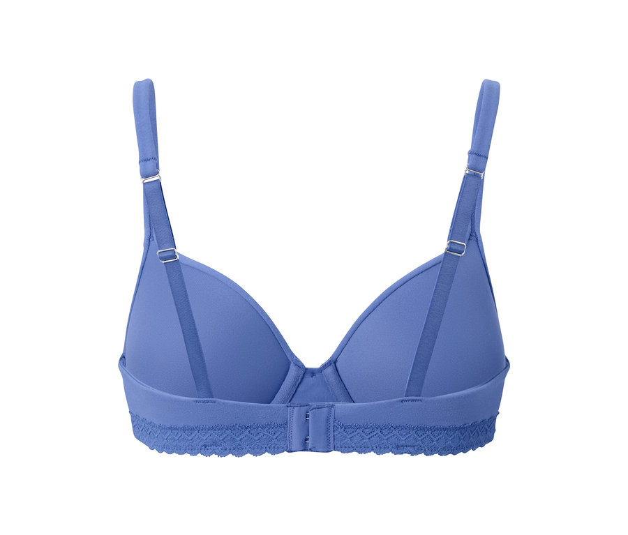 Kék női kosaras melltartó, hátulról a kapcsok részlete látható.