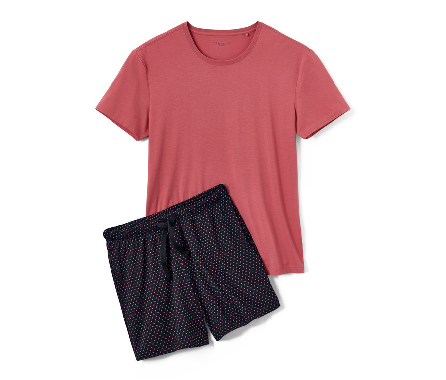 Mintás férfi rövidnadrágos pizsama: korall színű póló és sötétkék, pöttyös rövidnadrág.