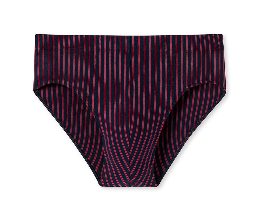 Piros SCHIESSER szuper mini alsó biopamuttal, vékony, függőleges csíkokkal, fehér alapon.