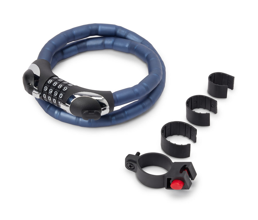 Kék LED-es kerékpáros kábelzár tartóval.