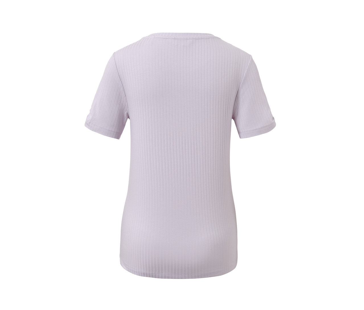 Hátulnézet egy lila bordázott pólóról.