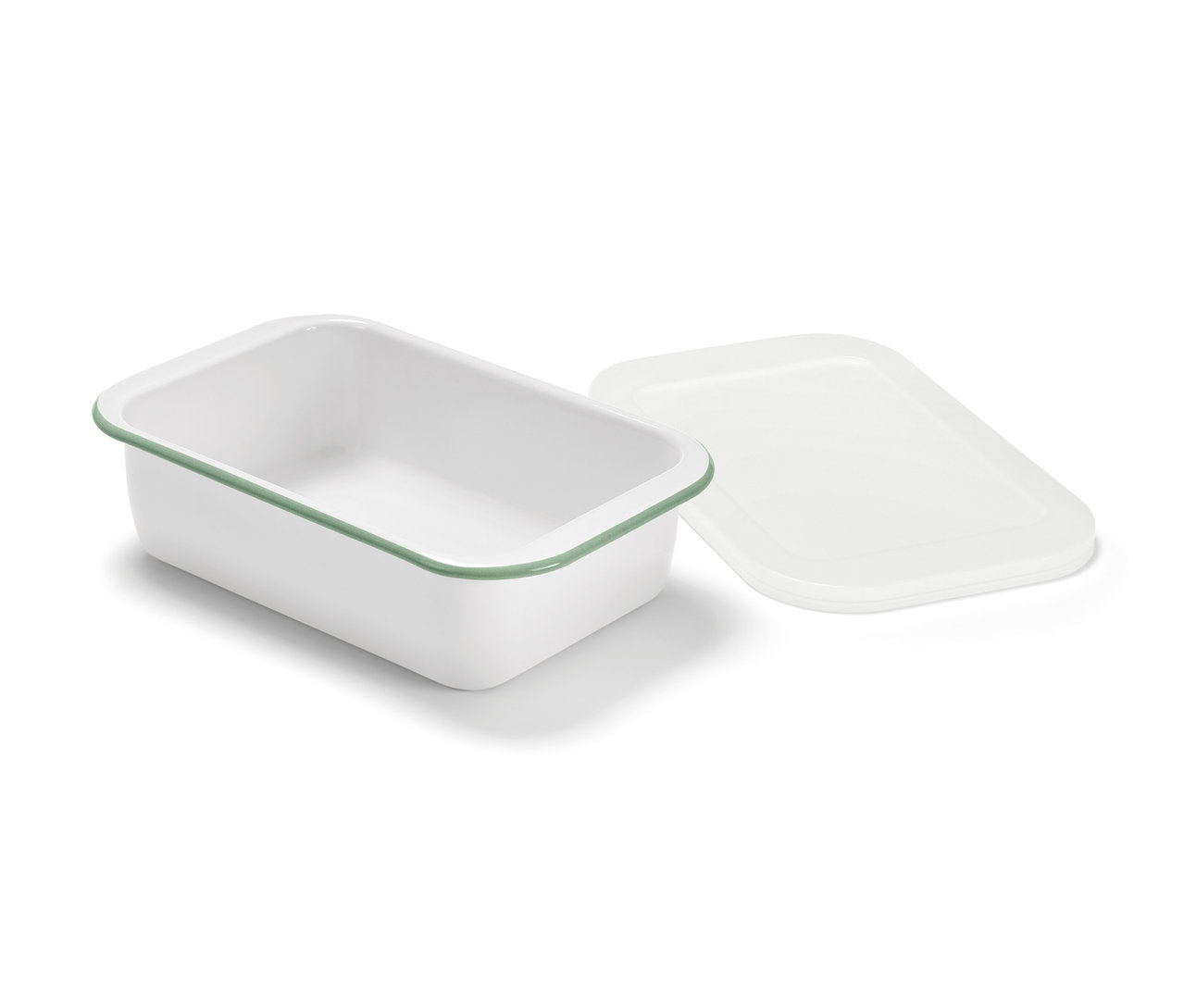 Egy zománcozott sütőforma fedéllel és egy kis zománcozott sütőforma fedéllel egymás mellett.