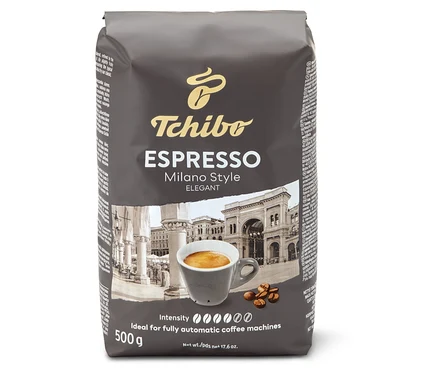 Egy csomag Tchibo Espresso Milano Style - 500g szemes, pörkölt kávé.