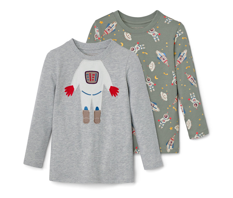 Két hosszú ujjú póló: egy szürke űrhajós mintával és egy zöld űrhajós és rakéta mintával.