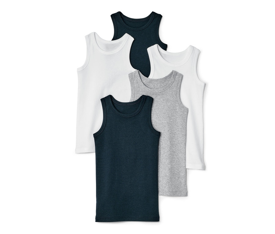 Öt fiú trikó fehér, szürke és sötétkék színben.