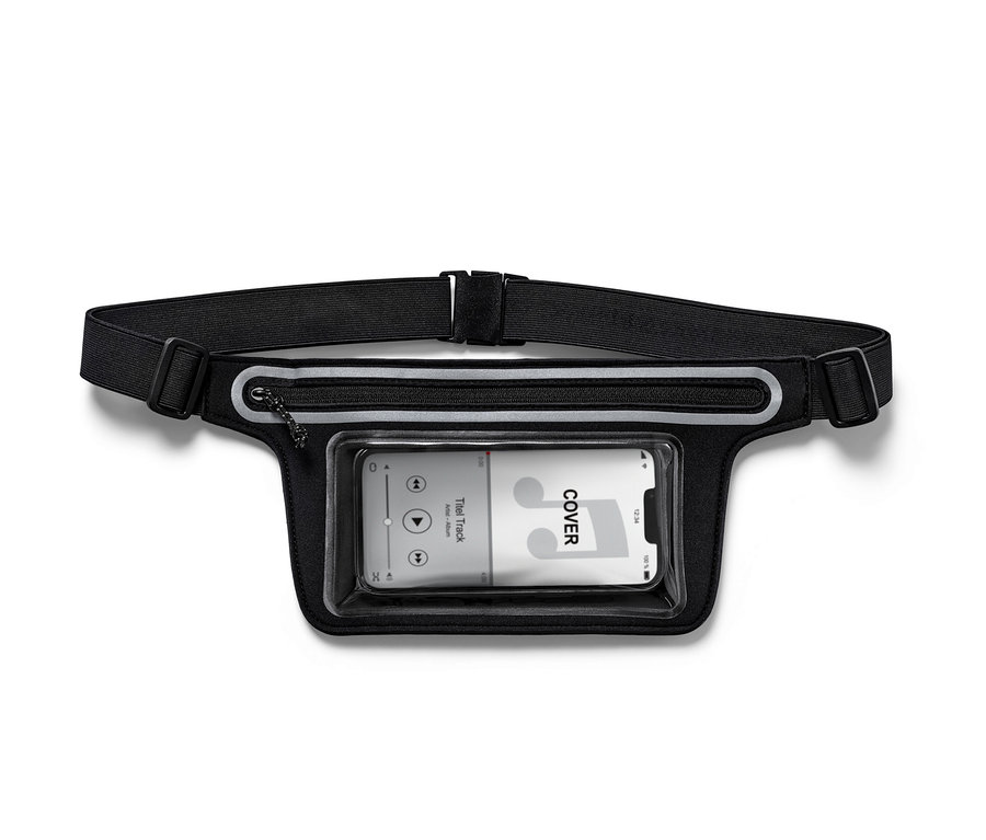 Fekete okostelefon tartó sportöv, átlátszó telefontartóval.