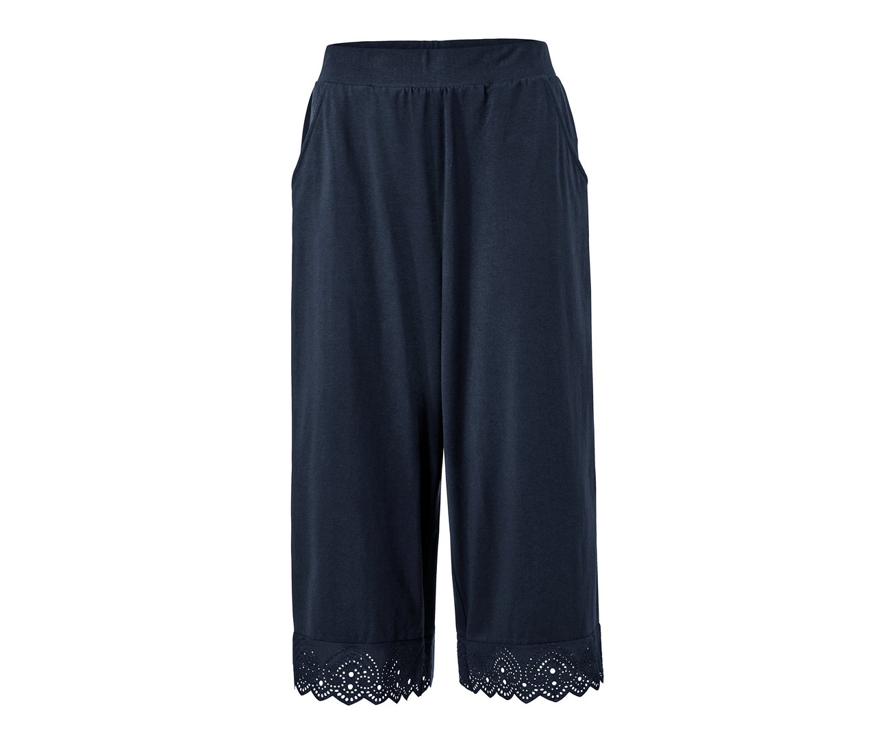 Egy sötétkék, hímzett szárvéggel ellátott culotte nadrág.