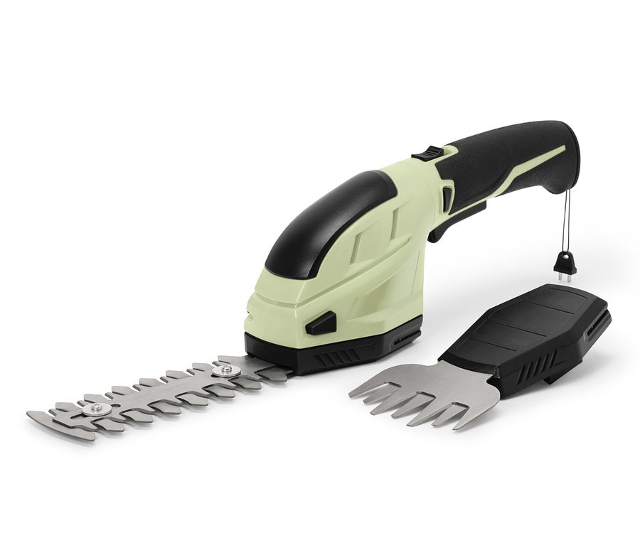 Akkumulátoros kerti olló fűnyíró toldalékkal.