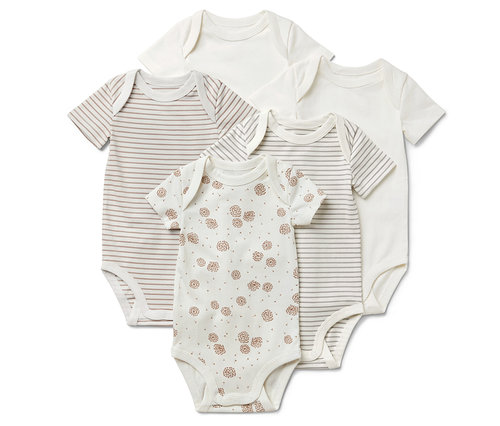 Öt rövid ujjú baba body: kettő fehér, kettő barna csíkos és egy barna virágmintás.