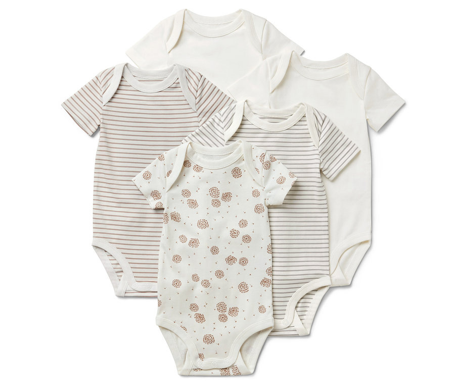 Öt rövid ujjú baba body: kettő fehér, kettő barna csíkos és egy barna virágmintás.