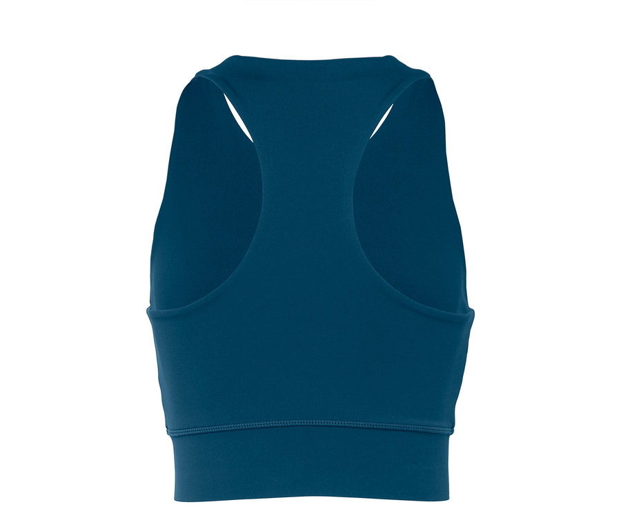Kék, racerback stílusú sportmelltartó részletfotója.