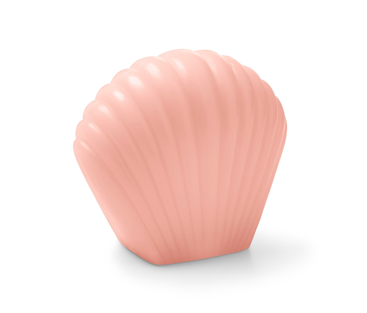 Egy rózsaszín LED-es lámpa, kagyló alakú, fehér háttérrel.