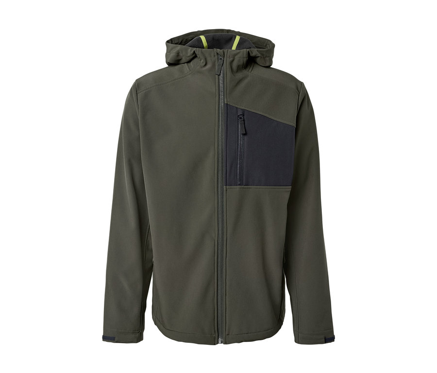 Zöld softshell dzseki cipzárral és kapucnival.