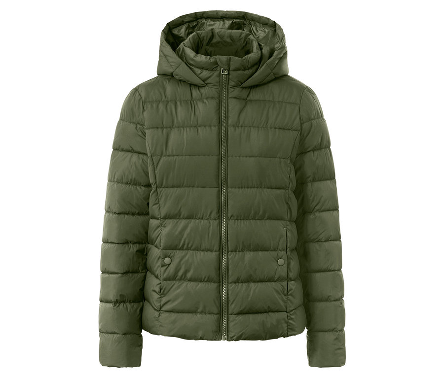 Zöld, steppelt, cipzáras kapucnis dzseki.