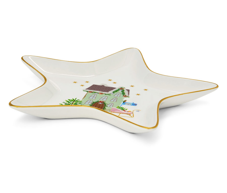 Csillag alakú dísztál karácsonyi házikó, fa és szán motívummal.