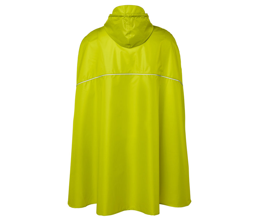 Hátulnézet egy sárga esőponcsóról kapucnival és fényvisszaverő csíkkal.
