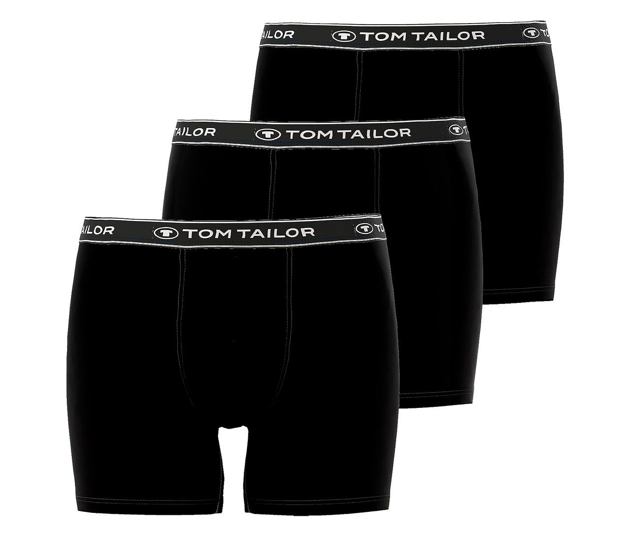 Három fekete Tom Tailor boxeralsó elasztikus derékpánttal, egymásra halmozva.