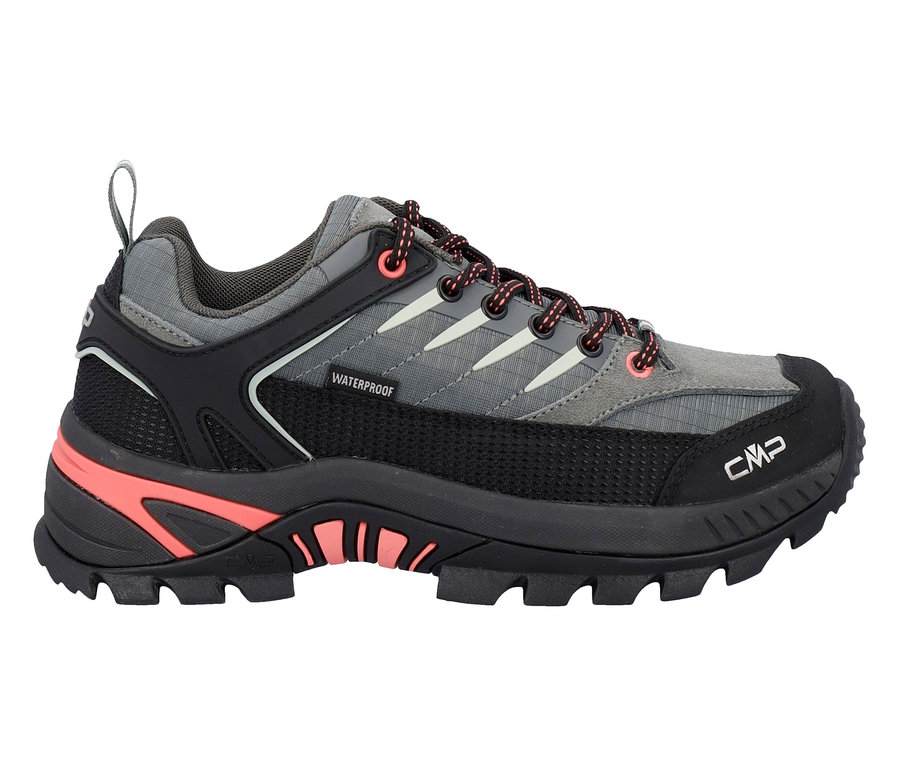 Szürke és fekete CMP outdoor cipő korall színű részletekkel.