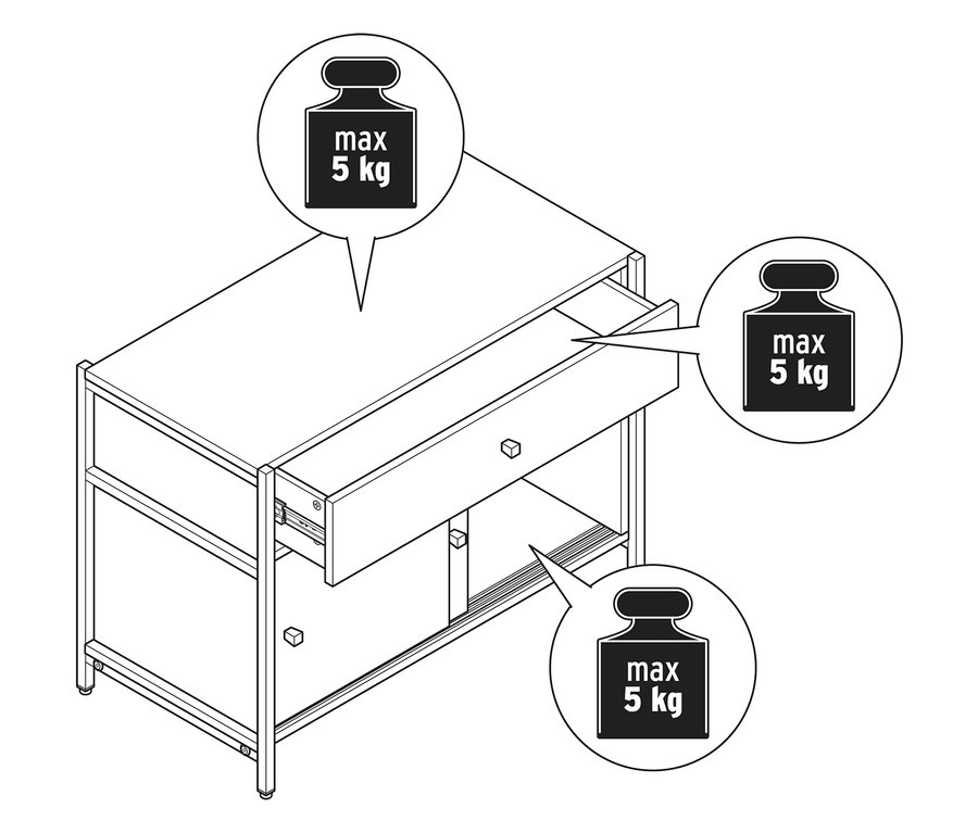 A »GRADE« komód rajza fiókkal és tolóajtókkal, a maximális 5 kg-os terhelhetőség látható.